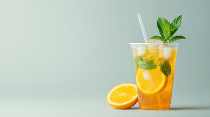 Fototapeta premium Refreshing iced lemon tea with orange slices and fresh mint in clear cup on pastel background