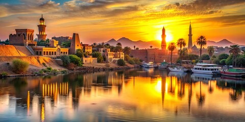 Fototapeta premium Ancient Egyptian City Sunrise: Nile River Temples Obelisks Candid Photo