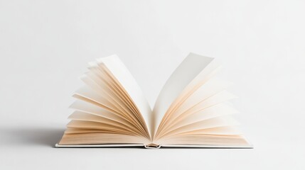 Fototapeta premium Standing Hardcover Books Mockup. An open book with blank pages, showcasing its textured spine against a minimalistic white background.