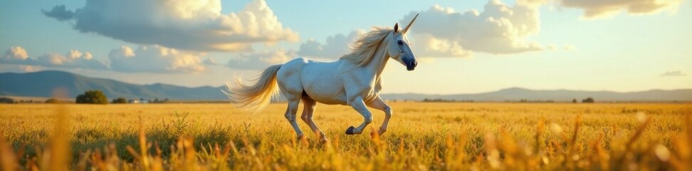 Fototapeta premium Unicorn mare running in a field, landscape, green, unicorn