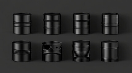 Dark black metal oil barrel on transparent background. Realistic 3d vector illustration set of standing and lying drum for chemical liquids or fuel. Mockup of steel container for gasoline storage.
