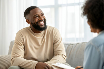A Person And Another Person In A Therapy Session On A Couch in a Room Setting