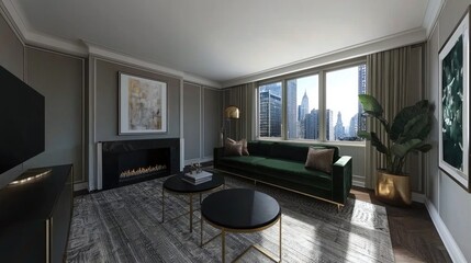 Fototapeta premium Luxury Apartment with City View, Sophisticated Living Room Design