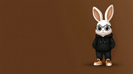 Obraz premium Fun cartoon character of a fashionable rabbit standing against a brown background, showcasing a trendy outfit and stylish glasses