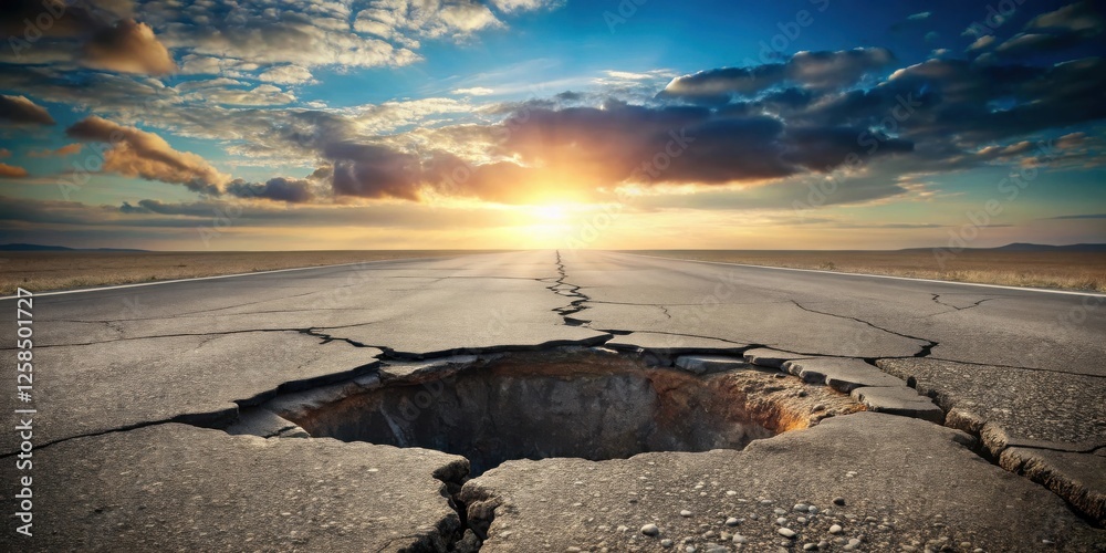 Poster sun setting over a cracked and crumbling asphalt road with a large pothole