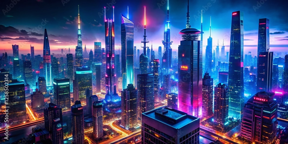 Wall mural Vibrant Futuristic Cityscape: High-Resolution Stock Photo of a Neon-Lit Metropolis