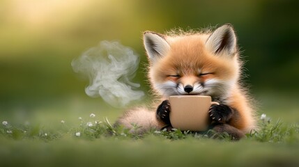 Obraz premium Cute fox enjoys warm cup in serene natural setting during sunny afternoon, exuding tranquility and joy