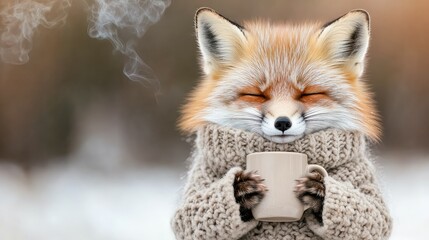 Fototapeta premium A cozy little fox is nestled in a snowy landscape, sipping on a warm drink while sporting a cute knitted sweater