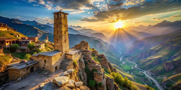 Ancient Watchtower on Cliff Edge, Goor Village, Dagestan, North Caucasus - Architectural Photography