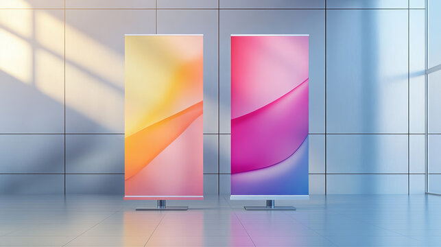 Advertising and promo white empty information booth stand or roll up board. Realistic vector illustration set of blank portable vertical pullup info banner mockup for ad and product presentation.