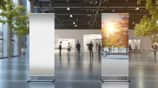 Advertising and promo white empty information booth stand or roll up board. Realistic vector illustration set of blank portable vertical pullup info banner mockup for ad and product presentation.