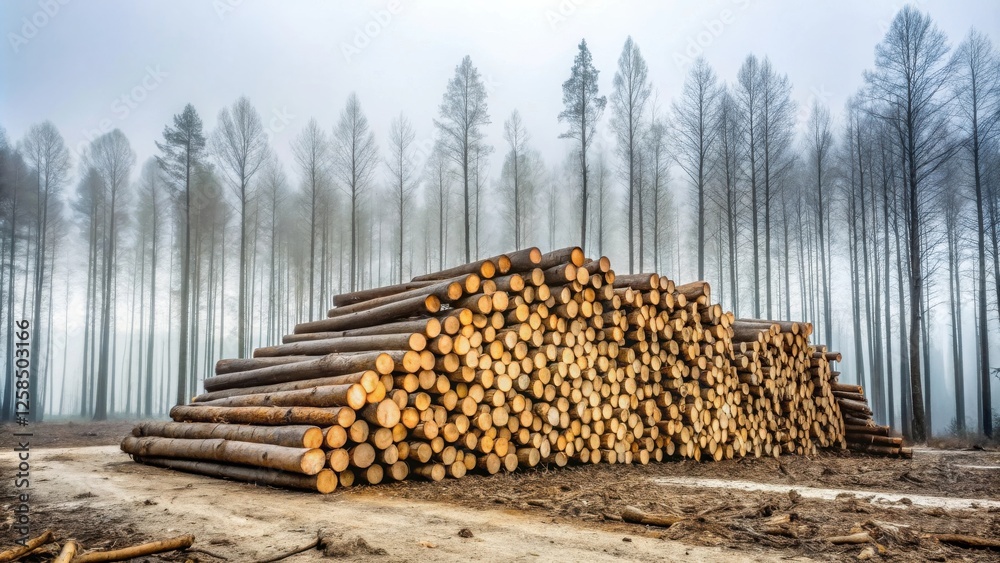 Poster A large pile of neatly stacked logs rests in a clearing amidst a misty forest of tall, slender trees.