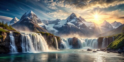 Fototapeta premium Majestic waterfall cascading down rocky cliffs into a serene pool, bathed in the golden light of a breathtaking sunrise, with snow-capped mountains forming a dramatic backdrop.