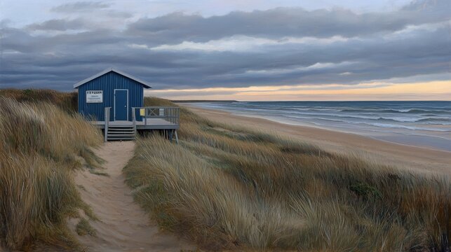 A charming wooden cabin perched alongside a sandy beach, shrouded under a cloudy sky at dusk, creates a tranquil atmosphere in this beautiful seaside location