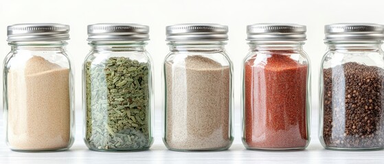 Five Glass Jars of Various Spices and Herbs