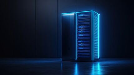 Internet, server, computer room, technology, data,Abstract futuristic blue glowing data center, dark background. Large server room with modern minimalist design.