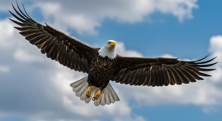 Naklejka premium Bald Eagle Soaring Through Blue Sky with White Clouds