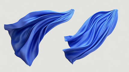 Fototapeta premium Realistic blue cape cloak of superhero in different positions floating in air under wind. Vector set of fabric costume mantle or silk scarf flying. Windblown curtain or drapery with wrinkles.