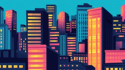 Vibrant Cityscape at Dusk with Illuminated Skyscrapers and Skyline