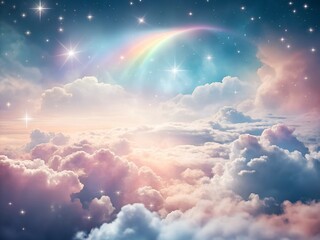 Ethereal Celestial Dreamscape Pastel Clouds and Starry Radiance in a Vibrant, Fantastical Sky Background.