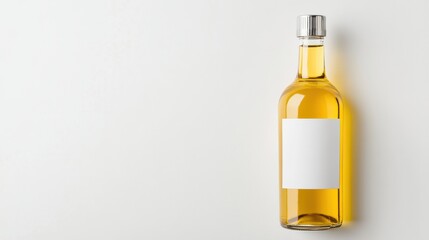 Olive oil bottle mockup. A clear glass bottle filled with golden liquid, featuring a blank label, set against a clean, light background.