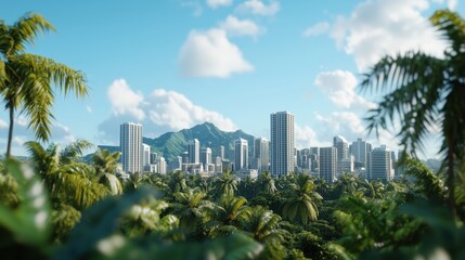 Tropical Cityscape with Lush Greenery and Urban Skyline View