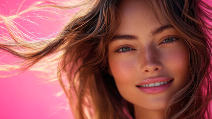 Fototapeta premium Young woman with flowing hair poses in front of a vibrant pink background on a sunny day