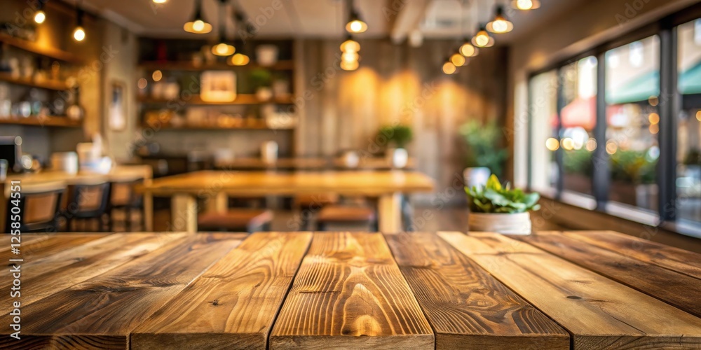 Poster Rustic Wooden Tabletop in a Cozy Cafe Setting with Warm Lighting and Blurred Background