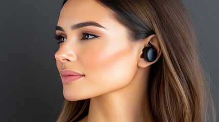 Fototapeta premium Young woman with stylish headphones showcases modern technology in a minimalistic setting, highlighting the blend of fashion and innovation