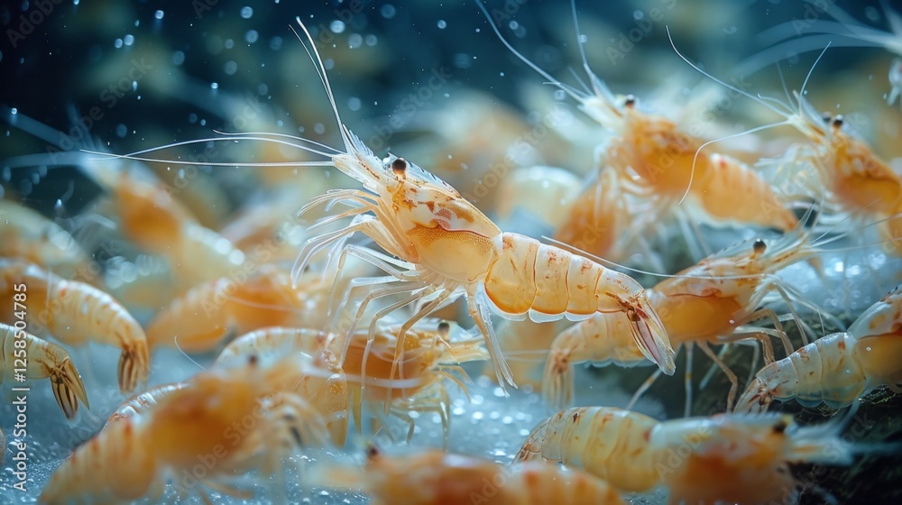 Poster A multitude of translucent shrimp gracefully navigate through azure waters, surrounded by bubbles and natural light. Their delicate features and movements create an enchanting underwater display.
