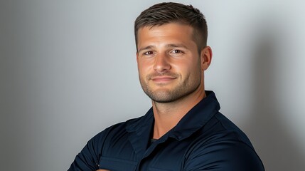 Obraz premium Confident young man in a dark shirt poses with arms crossed, showcasing a relaxed demeanor in a neutral background