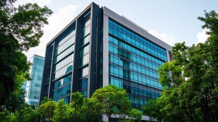 Modern Office Building Surrounded by Lush Greenery and Clear Sky