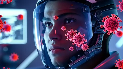 Futuristic Figure in Protective Gear Surrounded by Viral Particles - Powered by Adobe