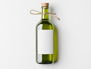 Fototapeta premium Olive oil bottle mockup. A clear green glass bottle with a cork stopper and a blank label, tied with twine, set against a light background.