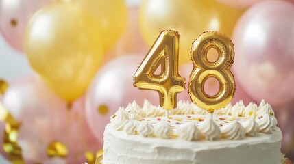 Celebration of 48th birthday with cake and balloons in festive atmosphere