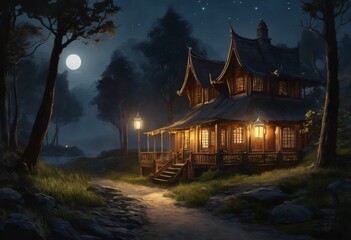 Fototapeta premium Charming cabin under a full moon