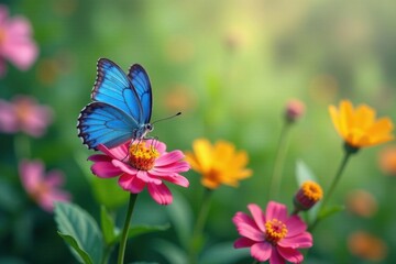 Obraz premium Vibrant blue butterfly in a floral field , colorful, flowers, green