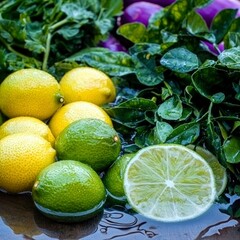 Fresh Lemons and Limes with Spinach and Eggplant