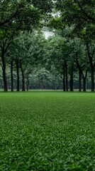 Obraz premium A vibrant, lush green park is nestled among towering trees, creating a tranquil oasis in the heart of the bustling city on a bright summer afternoon