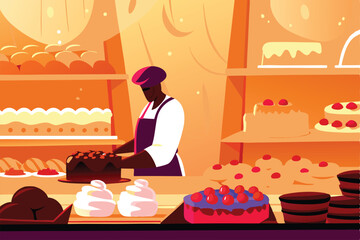 A bustling bakery interior; a baker skillfully decorates cakes and kneads dough, showcasing the craft of baking.