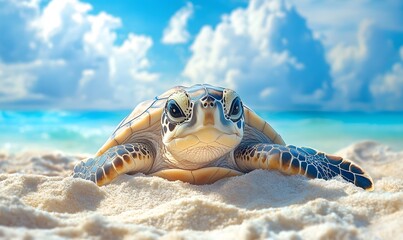 Obraz premium Close-up of a sea turtle resting on the sand with a blue sea background and clouds