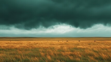 Vast Golden Grassland Under Dark Stormy Sky with Dramatic Clouds