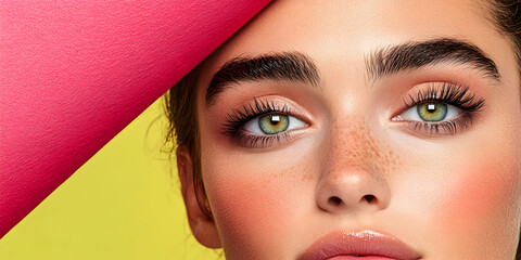 Vibrant Makeup Look, Eyes, Freckles, & Pink Accent, Showcasing a Summery Peachy Glow and Bold Eyebrows.
