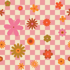 Seamless retro groovy checkered pattern with floral elements. Simple 1970s-style flowers in a doodle vector design. Perfect for fabric, wrapping paper, wallpaper, and fashion prints.