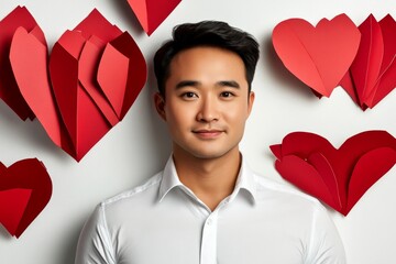 Commercial ad campaign idea. Love confession. Valentine's day greeting from man or for man: stunning bold image of loving asian adult man. Ad campaign love. Perfect love match. Perfect couple.