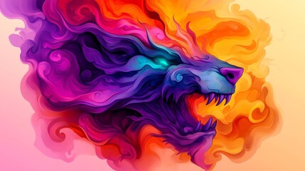 Fototapeta premium Fierce digital art of a mythical beast, rendered in vibrant hues of purple, orange, and pink. Intricate details create a powerful image.