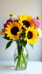 Vibrant colors of sunflower arrangement in a modern vase , vase, colorful, flower arrangement