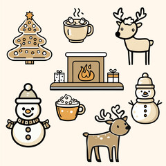 New Year, Christmas set in cartoon style of Christmas attributes, fireplace, reindeer, snowman, cup with hot chocolate