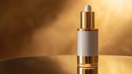 gold and white serum bottle on a reflective surface generative ai