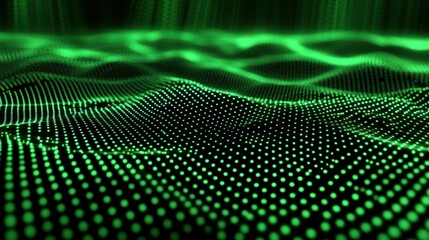 Luminous green data matrix undulating across a dark plane space